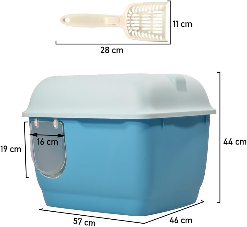 Large cat toilet with long aisle corridor style cats litter box, Fully enclosed durable cat toilet with litter scoop, Anti-Splashing, Odorless and open cover (Blue) 57 cm L